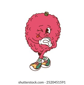 Caricatura groovy lychee carácter de la fruta que pega la lengua, guiñando un ojo y cerrando sus manos, mostrando un sentimiento travieso y divertido. Fruta tropical de Vector aislada con ojos expresivos, guantes y zapatillas