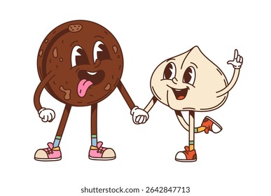 Cartoon groovy macadamia nut and seed characters, retro personages with quirky expressions and vintage hippie shoes, capture a funky and playfuly2k vibe of friendship, celebration, and happiness