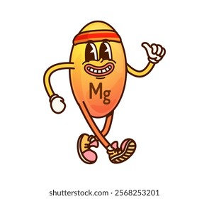 Cartoon groovy magnesium vitamin and micronutrient character. Isolated vector Mg molecule wearing sports headband and sneakers gives a thumbs up with a wide, enthusiastic smile, conveying a funky vibe