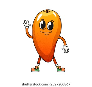 Cartoon groovy mango fruit character. Cheerful, tropical, ripe and healthy fruity personage with expressive eyes and sneakers is smiling, and waving hand, showcasing a friendly and positive vibes