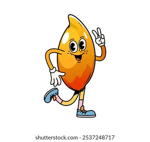 Caricatura de fruta de mango groovy con cara feliz y signo de paz hippie, cómic retro de Vector. Groovy fruta de mango tropical con sonrisa funky caminando en buen rollo para el carácter de dibujos animados retro