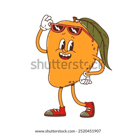 Cartoon groovy mango fruit character sporting stylish sunglasses and red sneakers. Isolated cartoon vector whimsical and funny tropical fruit personage exudes coolness and retro fun-loving hippie vibe