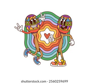 Cartoon groovy maracas musical instrument characters. Isolated vector mexican percussion rattle personages pair dancing during Fiesta or Cinco de Mayo Latin party celebration exuding retro funky vibes