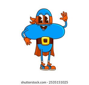 Cartoon groovy divisão de matemática assinar personagem de super-herói. Símbolo matemático bonito e funky com olhos grandes e sorriso feliz. Sinal de vetor isolado aritmético personagem de quadrinhos retro em máscara e capa