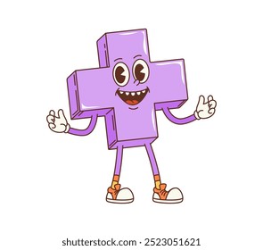 Cartoon groovy figura matemática de sinal de mais personagem com cara funky, vetor quadrinhos retro. 70s hippie ou groovy retro desenho animado sinal matemático de adição com sorriso louco feliz para emoji de matemática bizarro