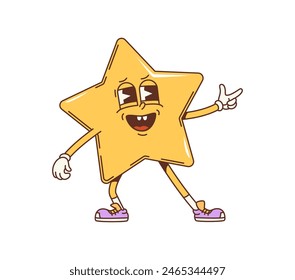 Cartoon groovy math geometric star figure. Isolated vector cheerful anthropomorphic yellow star character winks and flashes a peace sign with a happy expression brings a fun vibe to children education