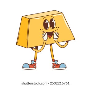 Cartoon groovy math geometric Trapezoid figure character. Isolated vector funky shape with big eyes, wide smile and yellow color exuding joyful energy ready for playful educational school adventures