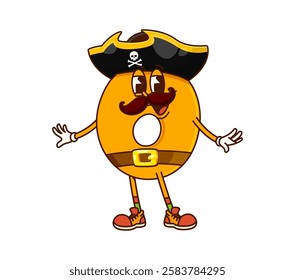 Cartoon groovy math number 0 pirate or corsair character, vector captain. Funny groovy math number Zero 0 in pirate tricorne hat with Jolly Roger crossbones as Caribbean corsair cartoon character