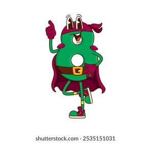 Cartoon groovy math number eight superhero character with expressive funky smile. Isolated vector digit 8 super hero educational retro comic book personage for children books and mathematics classes