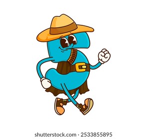 Cartoon groovy math number five cowboy and bandit character. Isolated vector grinning 5 personage in tilted hat, brandishes a revolver, ready for a numerical showdown in the wild equations of learning