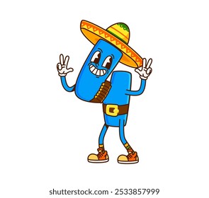 Cartoon groovy math number four cowboy and bandit character wearing a sombrero. Isolated vector Wild West Mexican adventurer 4 personage calculates daring heists, adds up mischief to kids learning