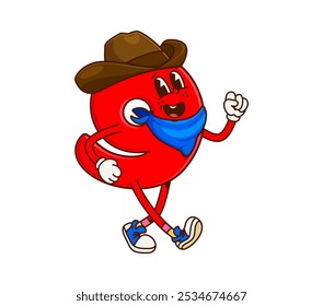 Cartoon groovy math number nine cowboy and bandit character. Isolated vector cowpuncher 9 digit personage with a hat, showcasing playful fusion of numerical and Wild West educational retro funky vibes