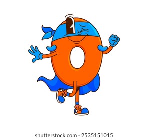 Cartoon groovy math number null zero superhero character. Isolated vector school numeral 0 vigilante personage with playful smiling face, winking eye and orange color, ready for educational kid games