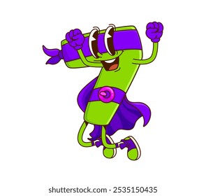 Cartoon groovy math number seven superhero character. Isolated vector playful 7 figure wearing iconic defender attire cheerfully jumping. Mathematics numeric super hero personage with cheerful smile