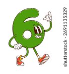 Cartoon groovy math number six character. Isolated vector cute and funny arithmetic figure, digit 6 school education personage with adorable and cheerful face, rounded shape, and vibrant green color