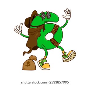 Cartoon groovy math number six cowboy and bandit character with money sack full of gold. Isolated vector robber 6 personage wearing retro sneakers, cape and hat, plotting equations for his next heist