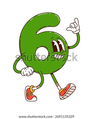 Cartoon groovy math number six character. Isolated vector cute and funny arithmetic figure, digit 6 school education personage with adorable and cheerful face, rounded shape, and vibrant green color
