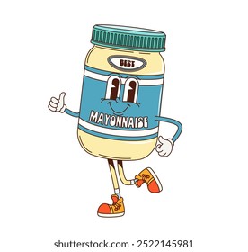 Personaje de salsa de mayonesa de dibujos animados con cara divertida, arte cómico de Vector. Salsa de comida rápida de dibujos animados retro o tarro de mayonesa con gesto de pulgar hacia arriba y sonrisa feliz rara para el menú de comida rápida