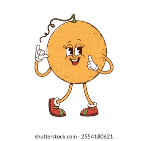 Cartoon groovy melon fruit character with friendly expression, stands confidently with shaka gesture, wearing sneakers. Isolated vector sweet, yellow cheerful melon personage for children book or menu