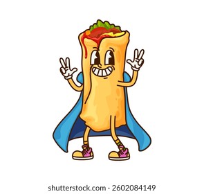 Cartoon groovy Mexican funny burrito for Halloween holiday character, vector Tex Mex food. Groovy burrito wizard or mage in sorcerer mantle with happy face and funky smile for Halloween character