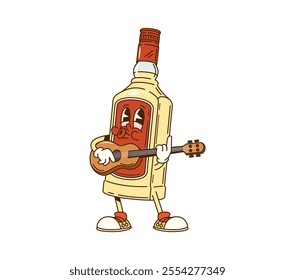 Cartoon groovy Mexican tequila bottle character with expressive eyes, playing a guitar. Isolated vector alcohol drink personage wearing sneakers, with a happy and musical vibe, conveying festive mood