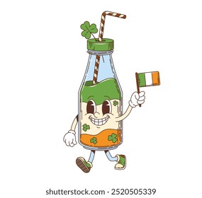 Cartoon groovy milkshake personagem, dia de São Patrício retro bebida de férias ou bebida personage. Frasco de vidro vetorial isolado com uma tampa e uma palha, segurando a bandeira da Irlanda celebra evento festivo