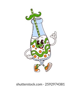 Cartoon groovy milkshake character, saint Patrick day retro holiday drink or beverage personage with shaka gesture. Vector glass bottle with striped mustached straw, celebrates festive event