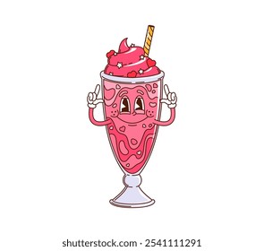 Cartoon groovy milkshake cup character with smiling playful expression. Sweet love symbol for Valentine Day. Isolated vector pink milkshake personage with whipped cream, adorned with stars and hearts