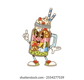 Cartoon groovy milkshake dessert character. Isolated vector cool and refreshing treat, cocktail mason jar retro personage with Ice cubes, fruits, colorful layers, topped with whipped cream and berries