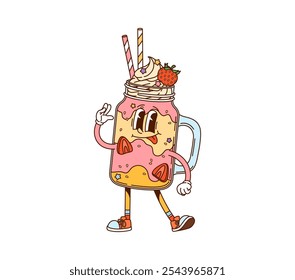 Personaje de comida rápida de postre de batido de leche de dibujos animados. Personaje de bebida retro de Vector aislado en tarro de albañil con crema batida, paja y una fresa en su parte superior, con zapatillas de deporte y da un signo hippie