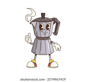 Cartoon groovy moka pot cheerful character. Coffee beverage or drink vintage brewer or maker isolated groovy vector mascot. Moka pot kettle funny personage or happy smiling character shoving thumb up