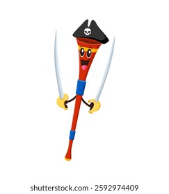 Cartoon groovy musical instrument pirate or corsair character, vector reed pipe. Groovy musical pipe as Caribbean pirate in captain tricorne hat with crossbones skull and saber swords with funny face