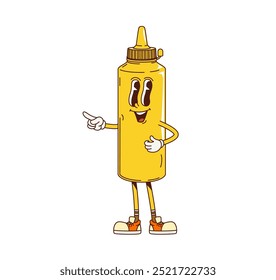 Personaje de salsa de mostaza groovy de dibujos animados con cara divertida, arte cómico de Vector. salsa de comida rápida de dibujos animados retro groovy o botella de mostaza con sonrisa feliz freaky para comida rápida o menú de hot dog