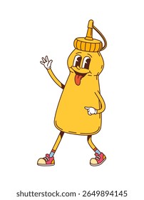 Cartoon groovy mustard sauce yellow bottle character with expressive eyes, tongue out, wears sneakers and making cheerful gesture. Isolated vector food dressing retro personage with quirky expression