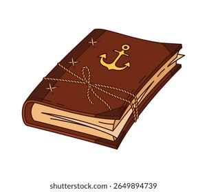 Cartoon groovy diário pirata místico, diário de navios antigos, objeto corsair e ferramenta. Antigo livro vetorial com uma capa de couro usada, âncora dourada e grossa, páginas envelhecidas, exala o segredo e mapas de aventura