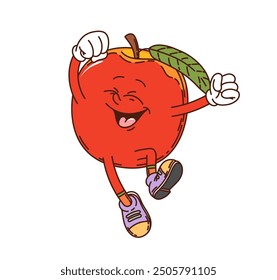 Cartoon groovy nectarine fruit character jumping or dancing joyfully. Isolated vector cheerful personage with sneakers and big smile showcasing playful mood, happiness, fun and promotes healthy eating