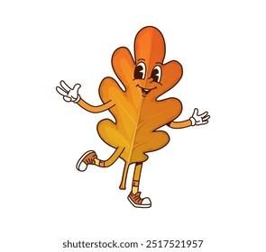 Cartoon groovy oak leaf thanksgiving character embodying the festive autumnal spirit with cheerful and a joyful expression. Isolated vector retro hippie y2k tree leaf personage celebrating fall season