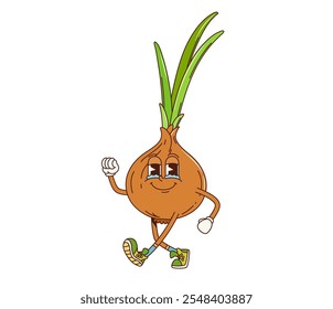 Carácter vegetal groovy de la cebolla de la historieta para la comida cómica retro, personaje del Vector. Bulbo divertido Groovy cebolla llorando con lágrimas en los ojos con cara tonta feliz y expresión extravagante funky para el emoji vegetal