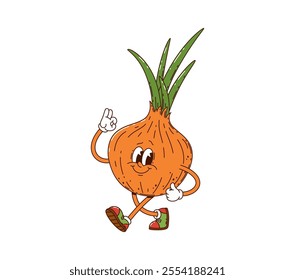 Cartoon groovy onion vegetable character cheerfully strolling. Isolated vector playful ripe farm veg personage with a cheerful expression, wearing sneakers and exudes funky, healthy eating vibes