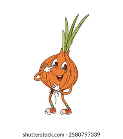 Cartoon groovy onion vegetable character smiling and crying with tears. Isolated vector hippie y2k veg personage with a cheerful expression, wearing sneakers and exudes fun healthy eating vibes