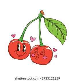 Cartoon groovy pair of cherry characters in a sweet moment. Hippie funky vector personages kissing on the cheek. Trippy symbol for retro stickers, fun emojis, playful merchandise, or cheerful prints