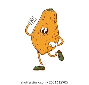 Cartoon groovy papaya fruit character. Isolated vector vintage ripe tropical fruit personage with expressive face, wearing gloves and sneakers, striking rock sign pose with cheerful facial expression