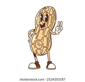 Cartoon groovy peanut nut character is smiling, flashing a peace sign, and showcasing a friendly and happy expression. Isolated vector cheerful peanut pod with expressive eyes, gloves, and sneakers