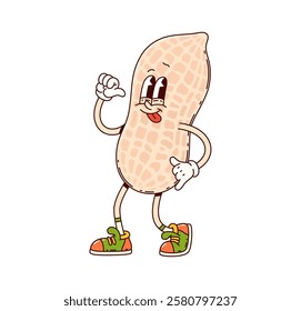 Cartoon groovy peanut nut character is smiling and showcasing a friendly and happy expression with sticking tongue. Isolated vector cheerful peanut pod with expressive eyes, gloves and retro sneakers