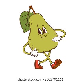 Cartoon groovy pear fruit character. Isolated vector anthropomorphic retro personage with expressive eyes, a smiling face and sneakers, cheerfully walking, exuding hippie fun and playful summer vibes