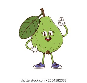 Cartoon groovy pear fruit character with a green leaf. Isolated vector ripe retro personage with expressive eyes, a smiling face and sneakers, cheerfully flashing ok sign exuding hippie summer vibes