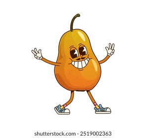 Cartoon groovy pear fruit thanksgiving character exuding joyful vibes. Isolated vector ripe fruit with a big smile and expressive eyes, exudes happiness and festivity for seasonal holiday greeting