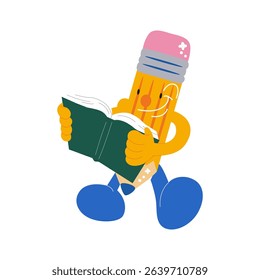 Cartoon groovy pencil character with smile and book. Back to school concept. Cute funny retro hippie school stationery design. Education sticker, icon, decorative, poster