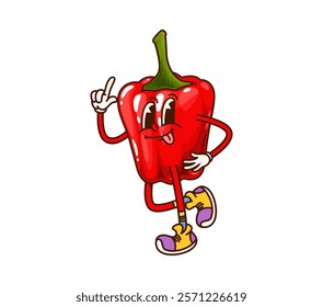 Cartoon groovy pepper vegetable character on fitness sport, vector retro comic. Groovy red bell pepper paprika with happy face and funky tongue out smile with cool gesture on sport exercise training