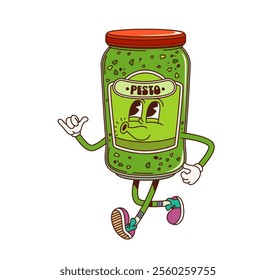 Cartoon groovy pesto sauce character with funny face, vector comic emoji. Groovy pesto sauce jar in retro cartoon character with happy smile, whistling and walking in hipster shoes for Italian cuisine